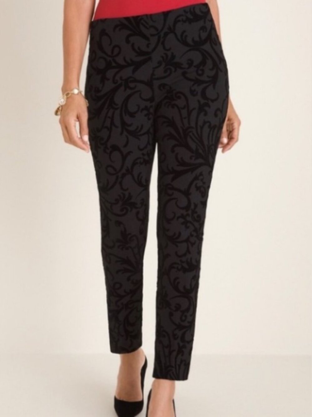 Chico's NEW So Slimming Juliet Flocked Scroll Ankle Pant Basic Black US Size 2